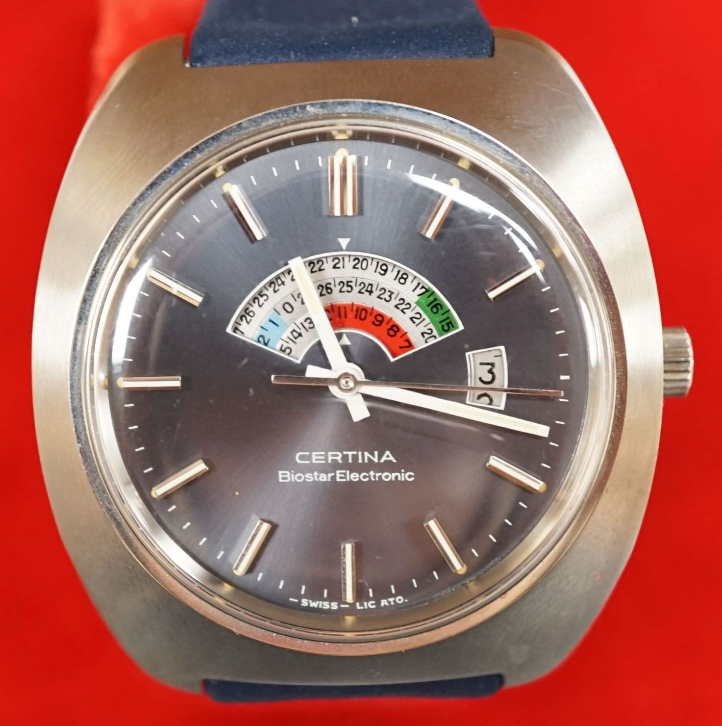 A gentleman's 1970's steel Certina Biostar Electronic wrist watch, on Certina strap, case diameter 40mm, with Certina box.